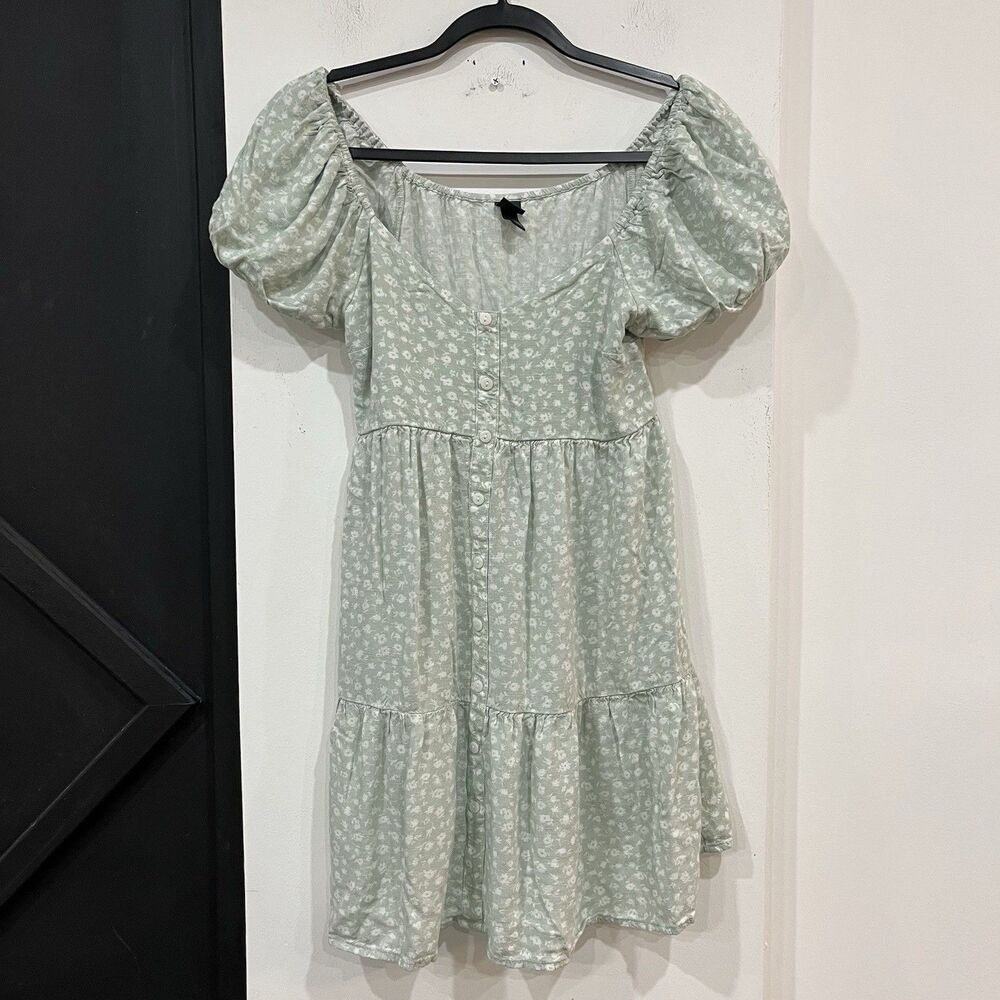 Wild Fable Green Floral Babydoll Dress Size Small Puff Sleeve Tiered Cottage